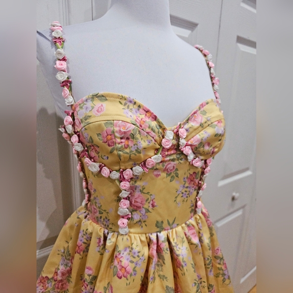 Dolls Kill Sugar Thrillz Yellow Floral Princess Party Mini Dress S - Picture 7 of 14